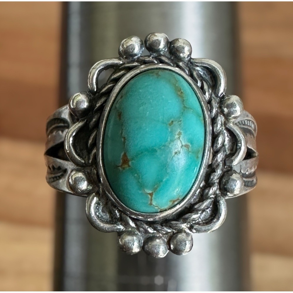 Vintage 1960s Bell Trading Post‎ Accent Ring Size 5 Turquoise 925 Sterling 2.9g